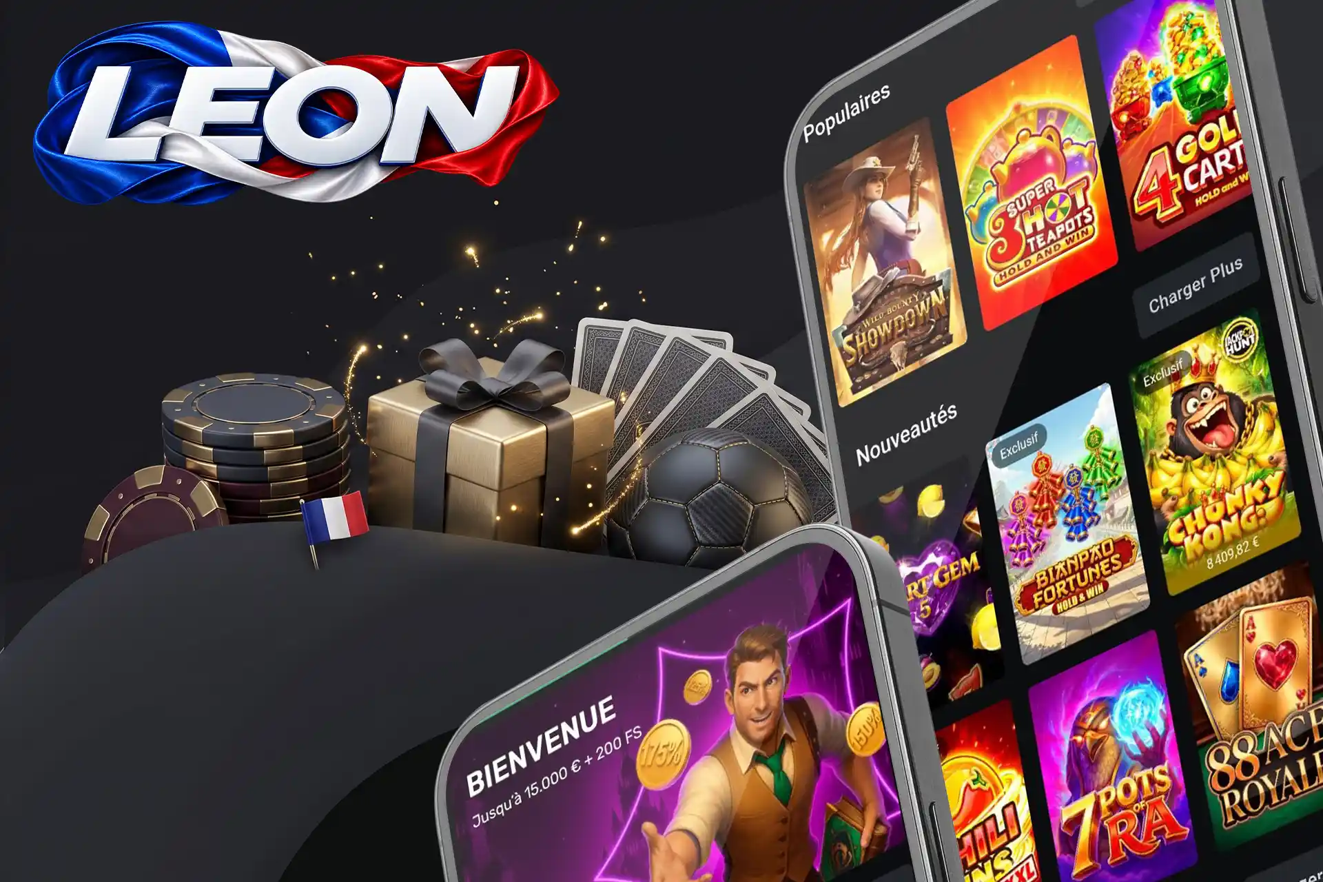 Catalogue de machines à sous et de jeux en direct sur mobile, avec des jetons, des cartes à jouer et une boîte cadeau dorée