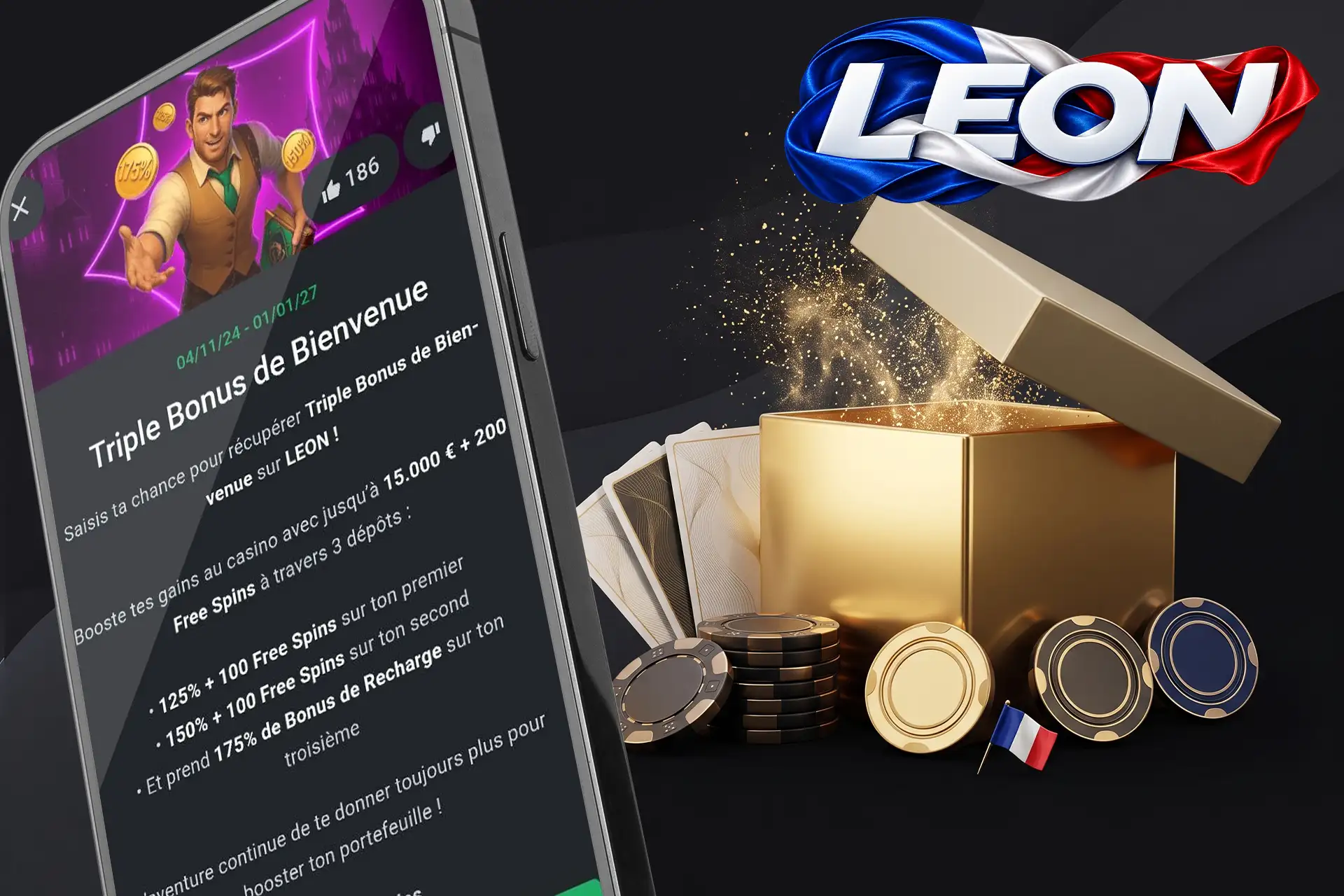 Détails du triple bonus de bienvenue offert par Leon Casino, présentés sur un smartphone à côté d'un coffret doré et de jetons de poker