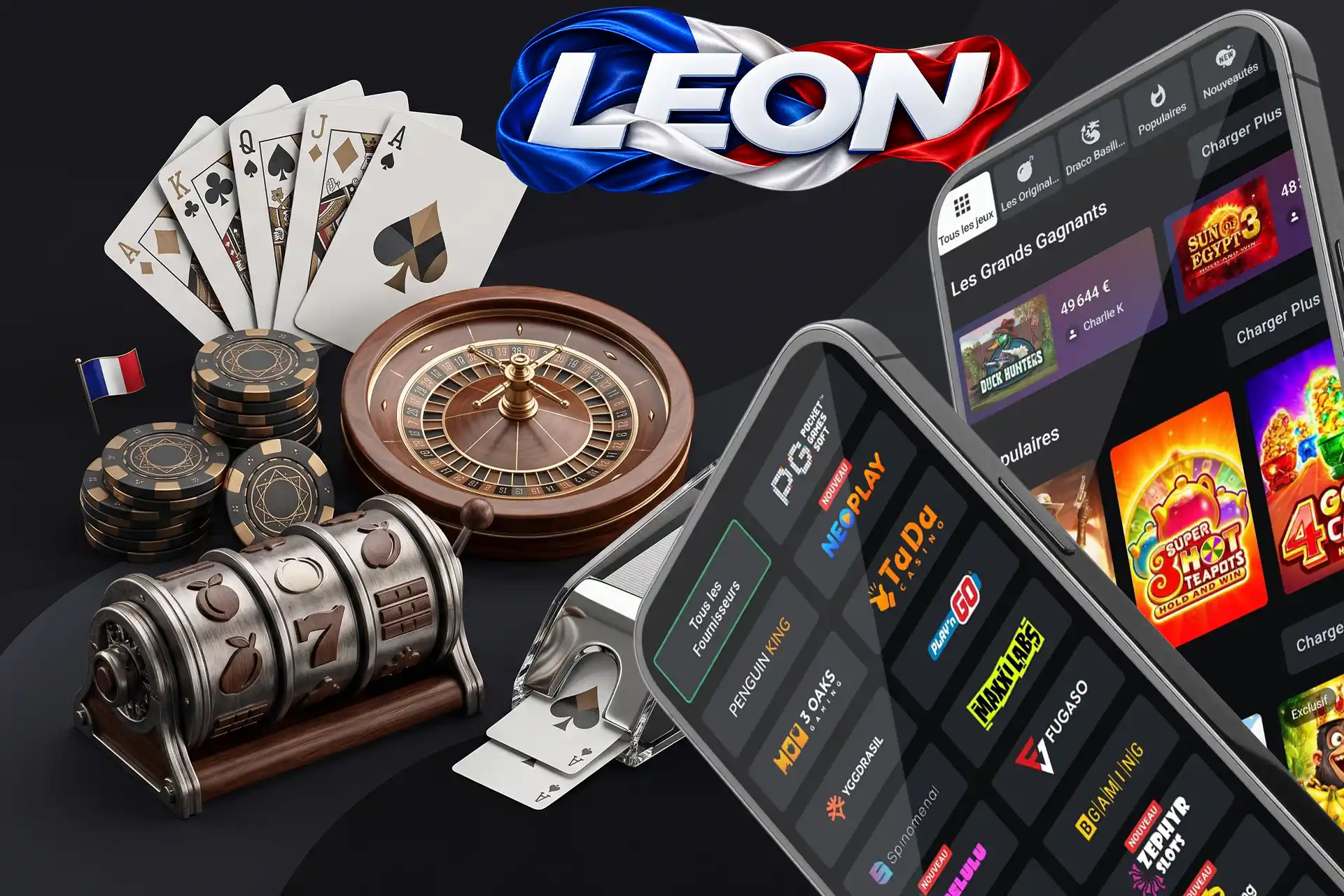 Vaste sélection de fournisseurs de logiciels et de jeux de table, illustrée par une roulette en bois, une machine à sous classique et des cartes