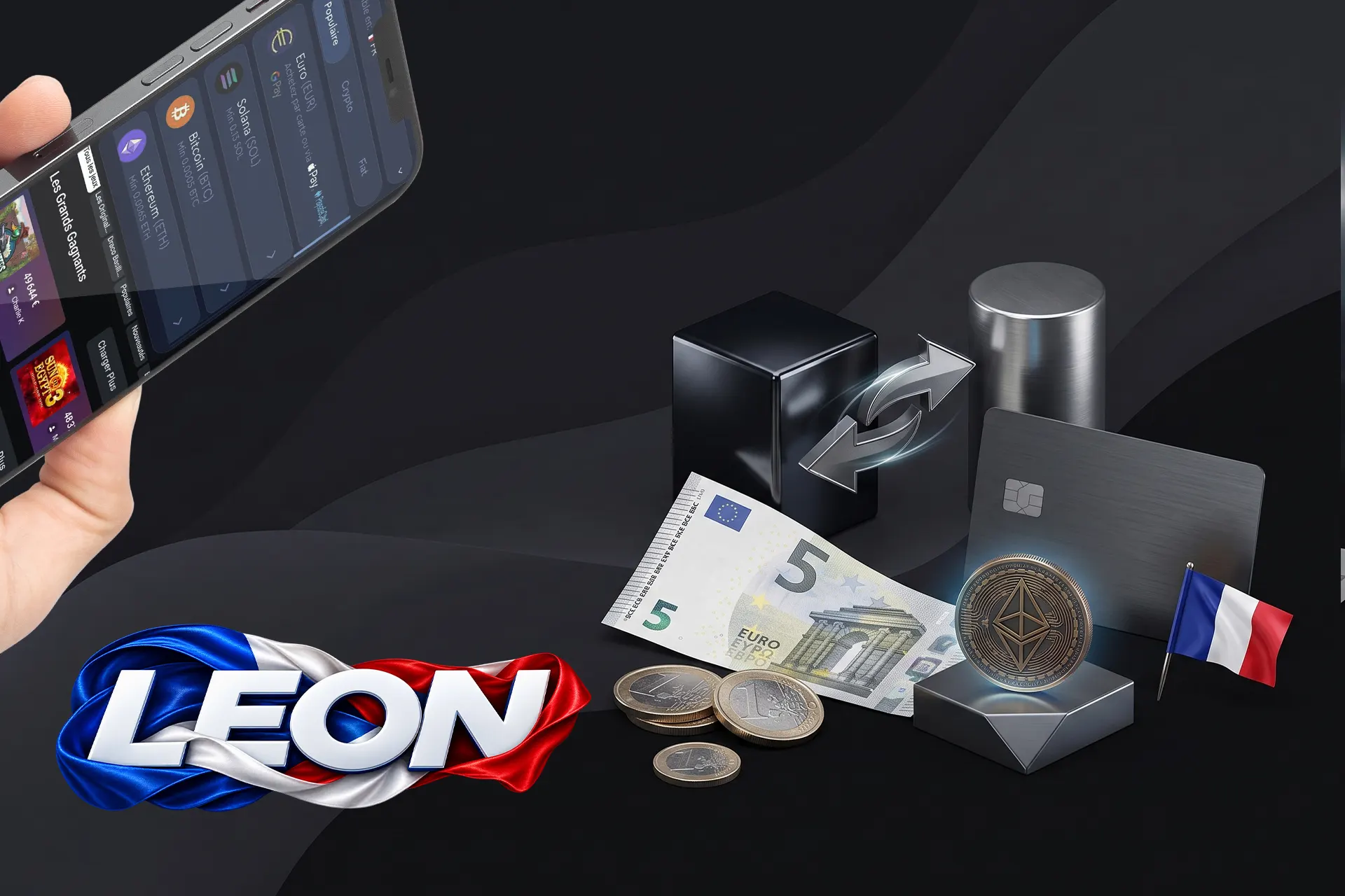 Options de paiement sécurisées sur Leon Casino, incluant les crypto-monnaies et les cartes bancaires, montrées avec un billet en euros et des pièces